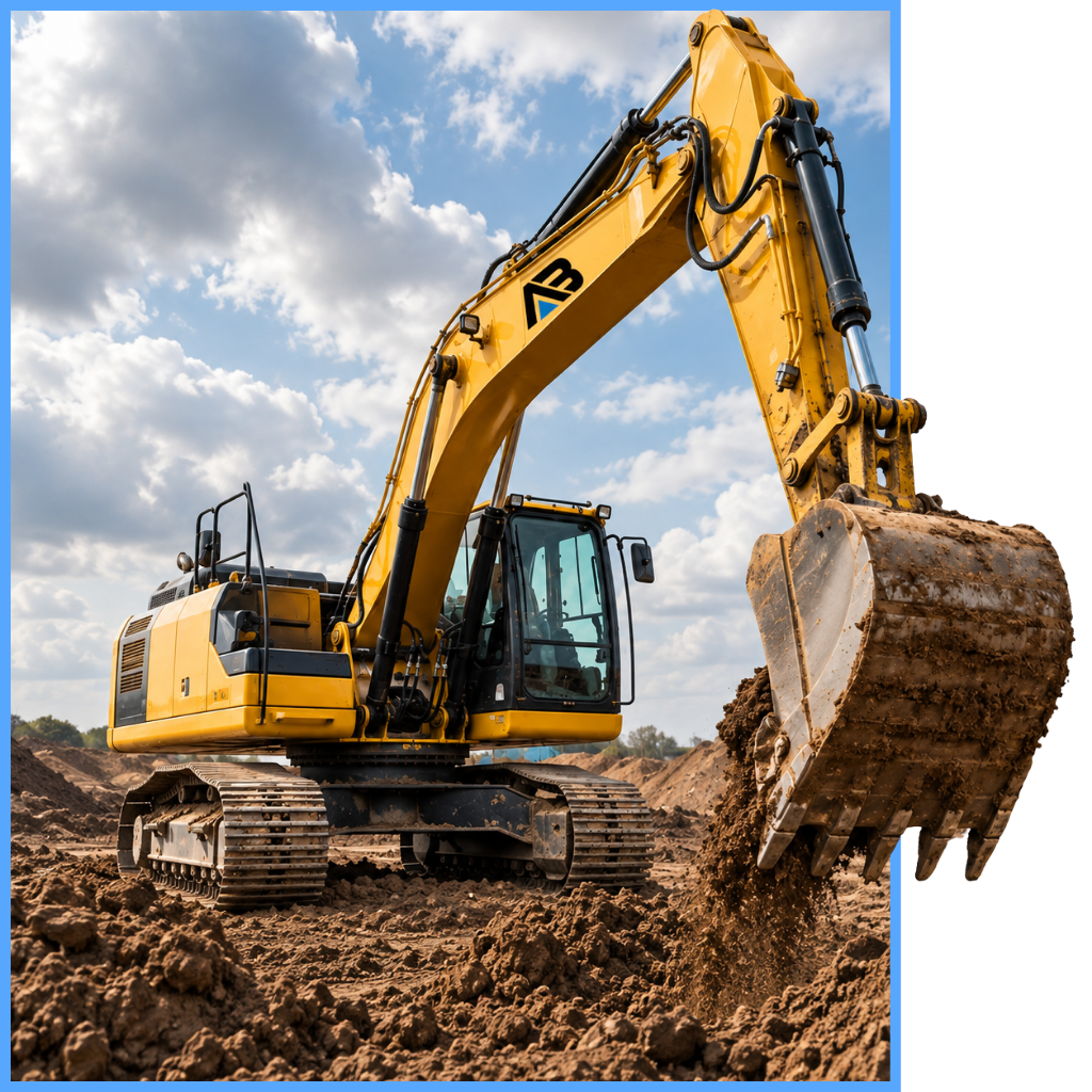 Above & Below yellow excavator digging with a full bucket on a job site