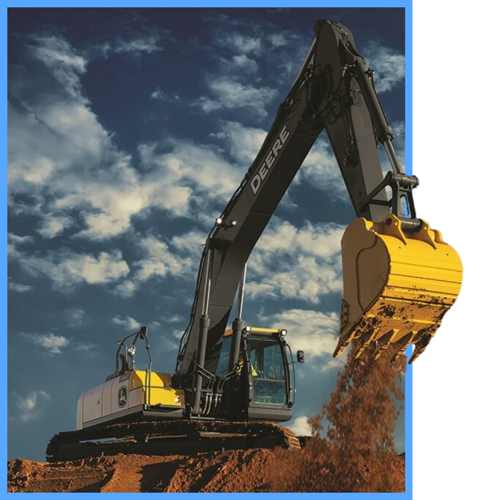 Yellow excavator digging with a full bucket of dirt on a job site
