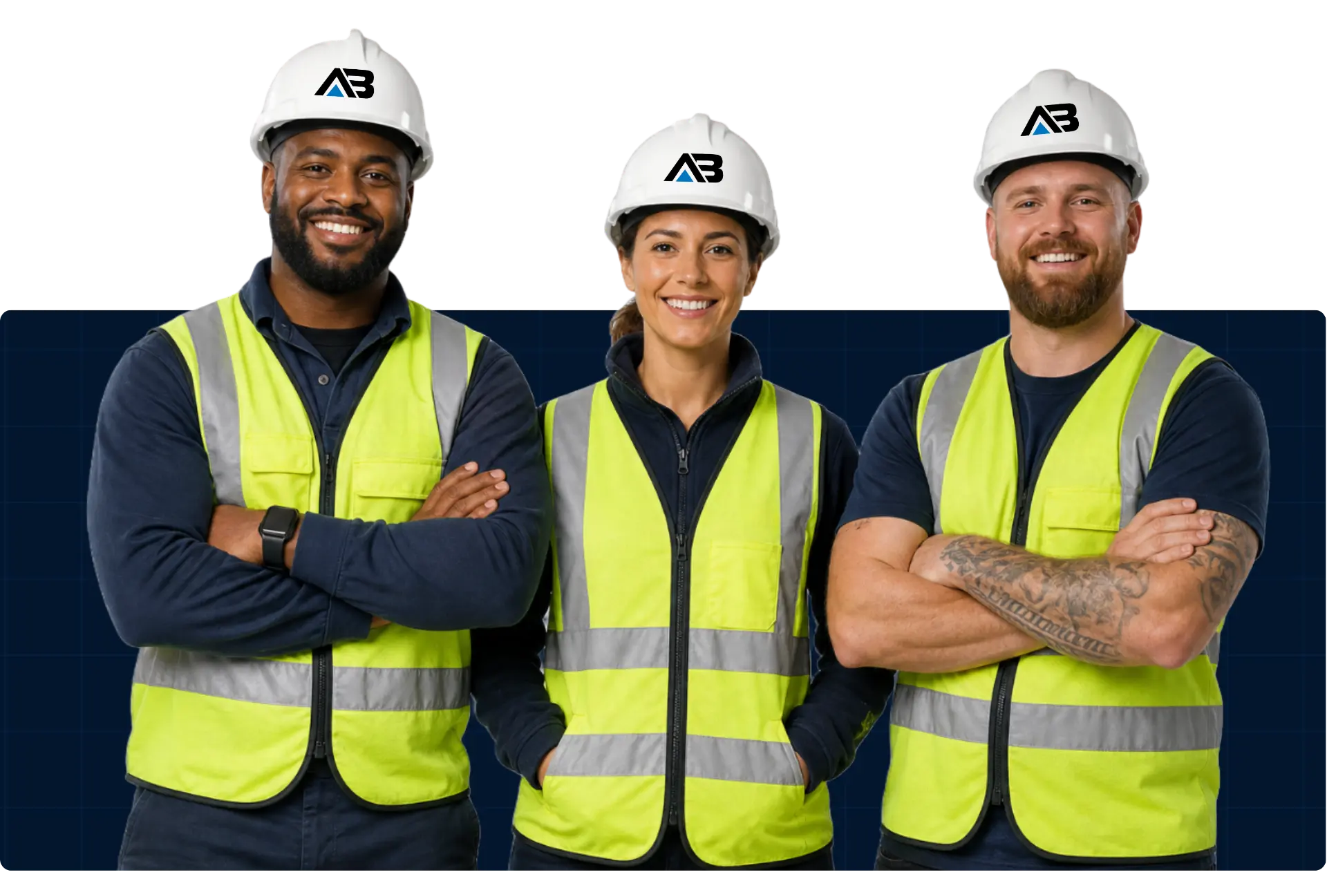 Above & Below crew members in branded hard hats and high-visibility vests