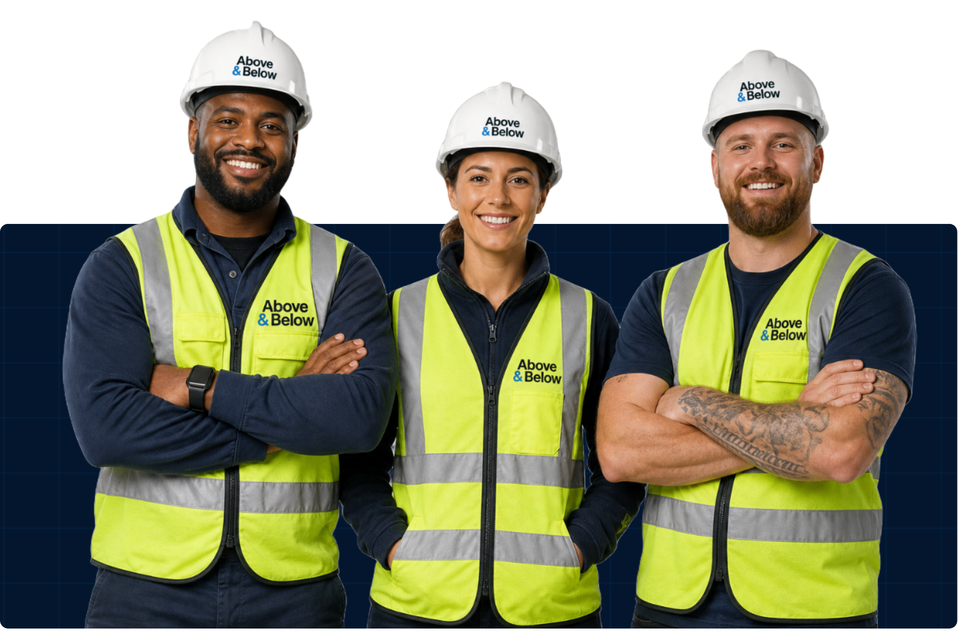Above & Below crew members in branded hard hats and high-visibility vests
