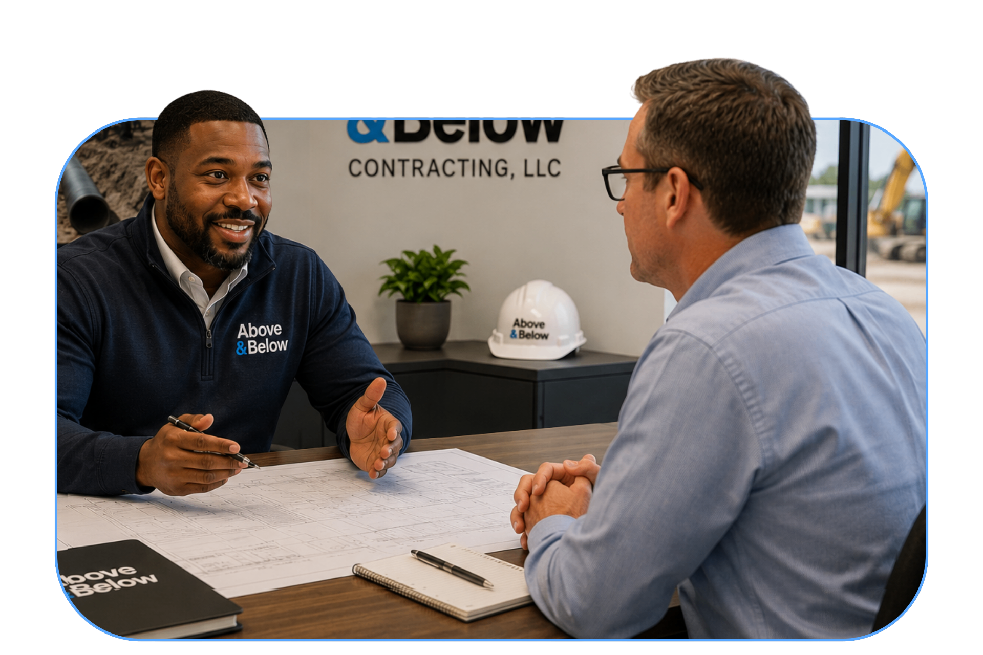 Above & Below team consulting with a project partner
