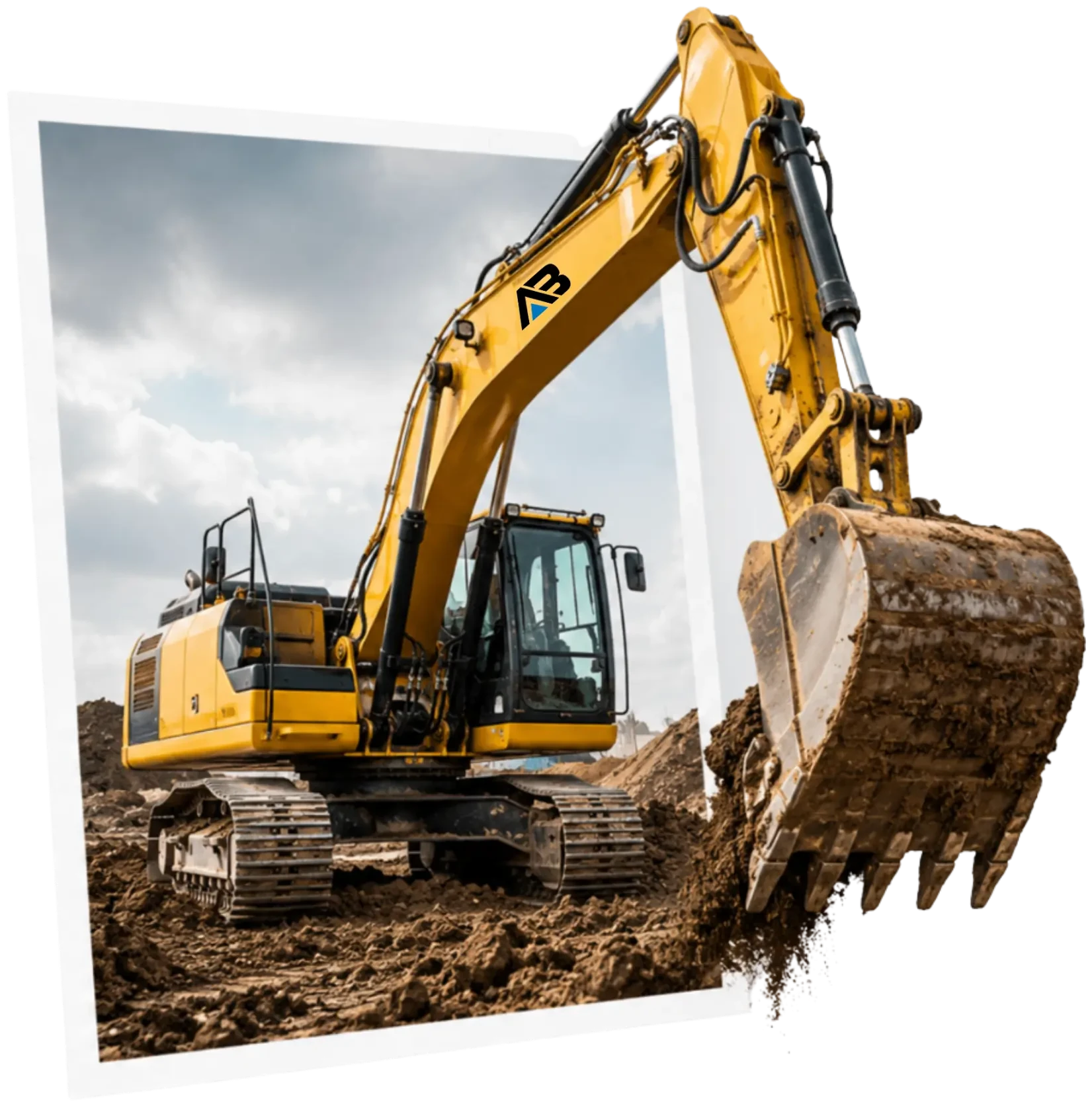 Framed photo of a yellow Above & Below excavator with the arm and bucket reaching out of the frame