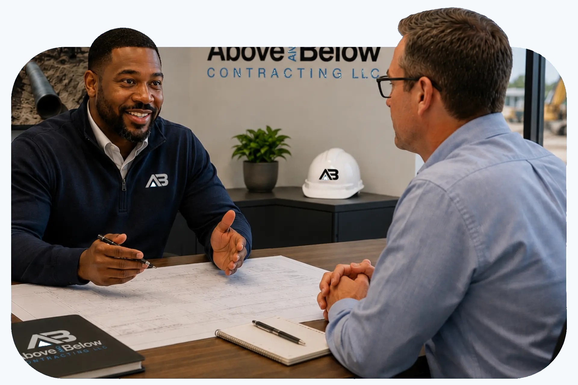 Above & Below team consulting with a project partner