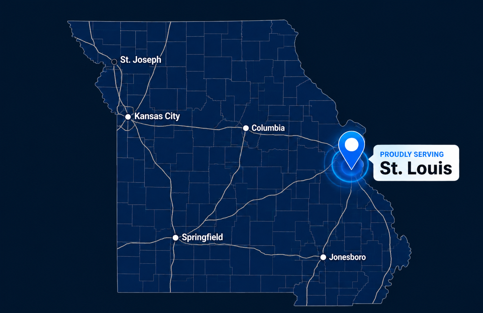 Map of Missouri highlighting St. Louis as the primary service area