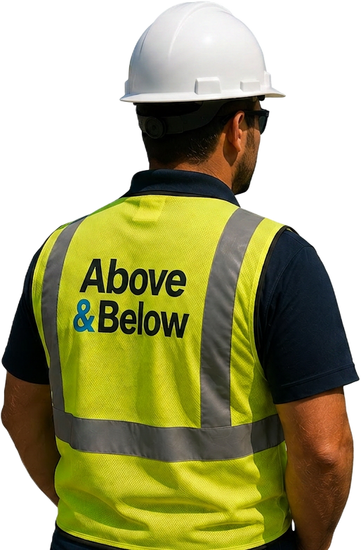 Above & Below Contracting worker in safety vest and hard hat on site