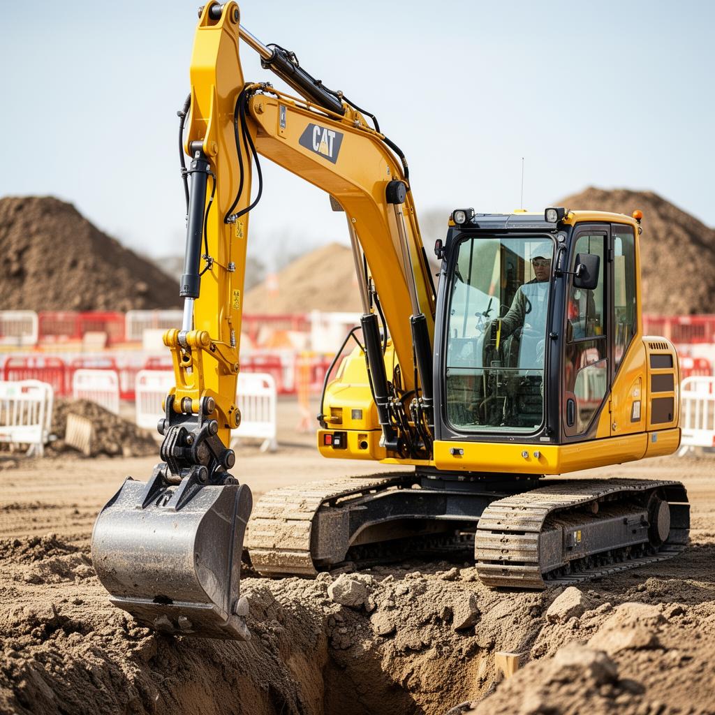 Modern excavator working at a utility construction site