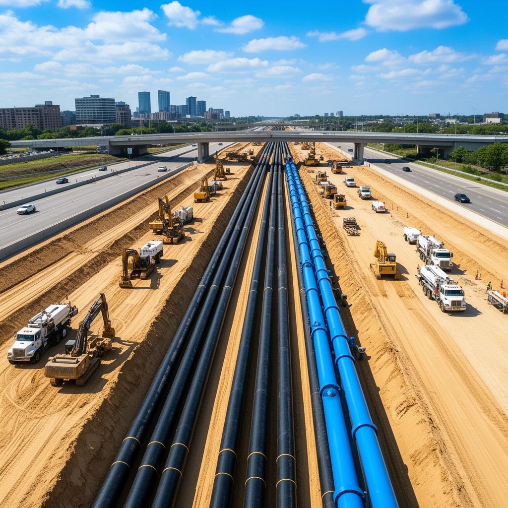Large-scale underground utility infrastructure installation with pipelines and heavy equipment